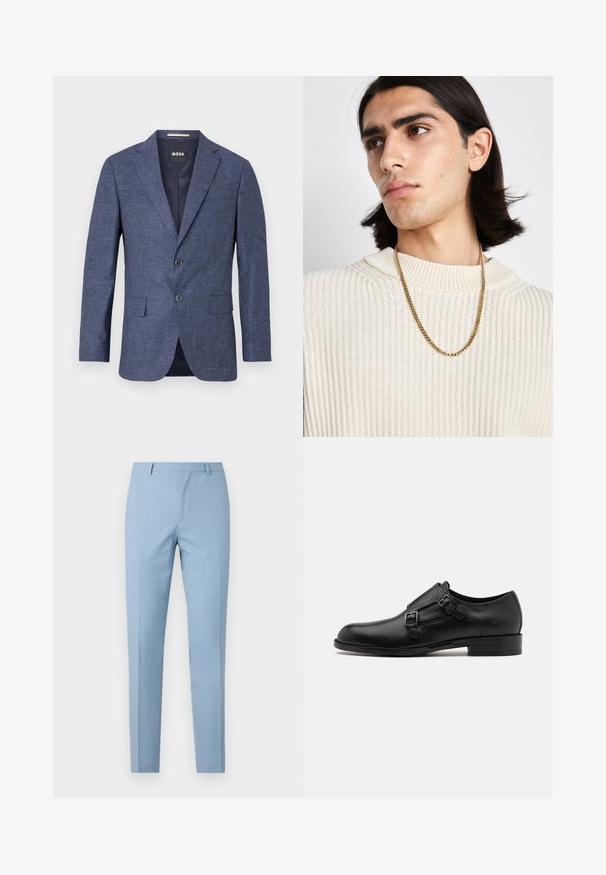 Temno modra blazer jakna iz teksturirane tkanine, enoredno zapenjanje z dvema sprednjima gumboma, z rezanimi ovratniki in stranskimi žepi. Podloženo notranjost.; Bela srajca z dolgimi rokavi in gumbom, izdelana iz bombaža, z klasičnim ovratnikom, sprednjimi gumbi in minimalnimi šivi.; Svetlo modre prilagojene hlače z ozkim krojem, gladko teksturo, zarezo spredaj, prilegajočim pasom in zanke za pas. Brez vidnih žepov.; Črne usnjene oblečne čevlje z dvema sponkama, elegantna silhueta in okrogla nos. Imajo nizek peto in gladko teksturo.; Zlata verižica nosena preko kremnega pletenega puloverja; mehka tekstura z visokim ovratnikom in subtilnim vzorcem v tkanini.