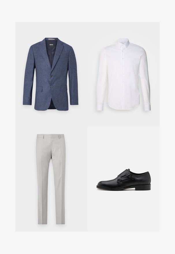 Marineblauwe blazer van textuurstof, enkelvoudig met twee knopen aan de voorkant, notch revers en zijzakken. Gevoerde binnenkant.; Witte lange mouwen overhemd met knopen, gemaakt van katoen, voorzien van een klassieke kraag, voorkant met knopen en minimale stikdetails.; Lichtgrijze op maat gemaakte broek met een gladde textuur, platte voorkant en twee zijzakken. Beschikt over rechte pijpen en subtiele vouwdetails.; Zwarte leren dresschoen met dubbele gespen, slank silhouet en ronde neus. Kenmerkt zich door een lage hak en een gladde textuur.