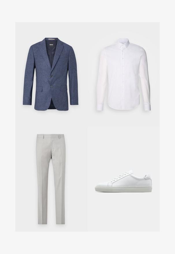Navy blue blazer in textured fabric, single-breasted with two front buttons, notch lapels, and side pockets. Lined interior.; White long-sleeve button-up shirt made from cotton, featuring a classic collar, front buttons, and minimal stitching detail.; Light gray tailored trousers with a smooth texture, flat front, and two side pockets. Features straight legs and subtle crease details.; White sneaker with a smooth leather upper and a low profile. Features a rounded toe, six eyelets, and a textured rubber sole.