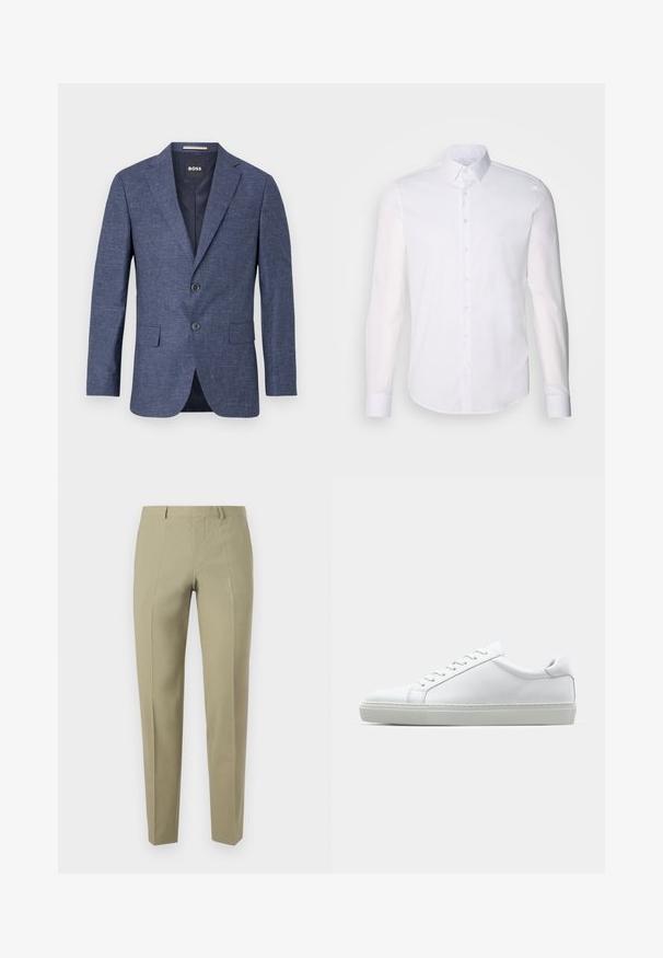 Mørkeblå blazer i strikket stof, en-knap, med to frontknapper, slagkrave og sidelommer. Foret indre.; Hvid langærmet button-up skjorte lavet af bomuld, med en klassisk krave, frontknapper og minimal syning detalje.; Kaki bukser med slim fit, lavet af et glat stof. Har frontfolder, bæltesløjfer og lynlås-lukning.; Hvide sneakers med en glat læderoverdel og lav profil. Har en rund tå, seks snørehuller og en tekstureret gummisål.