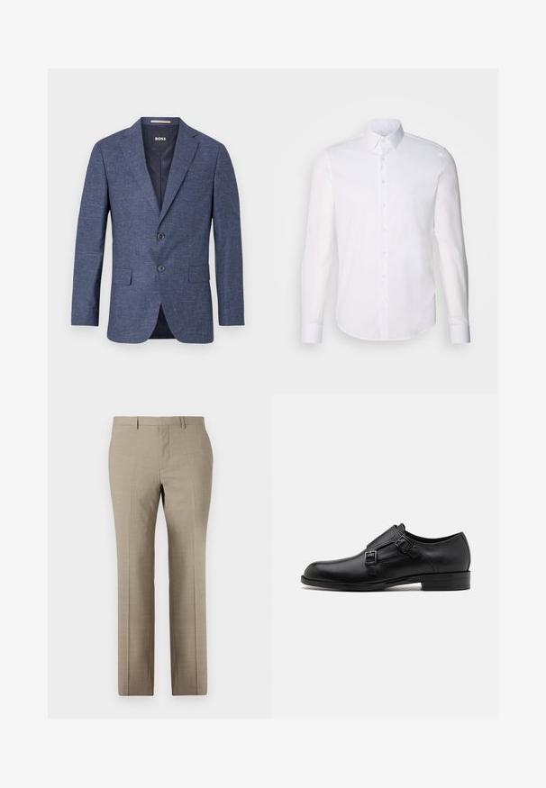 Sötétkék blézer texturált anyagból, egysoros, két elülső gombbal, hajtókás gallérral és oldalsó zsebekkel. Bélelt belső rész.; Fehér, hosszú ujjú, gombos ing, pamutból készült, klasszikus gallérral, elöl gombokkal és minimalista varrási részletekkel.; Beige, simított anyagú, elegáns nadrág, egyenes szárú kialakítással, finom kockás mintával és sík elejével. Két hátsó zseb található.; Fekete bőrcipő, dupla csattal, letisztult sziluettel és kerek orral. Alacsony sarka és sima felülete van.