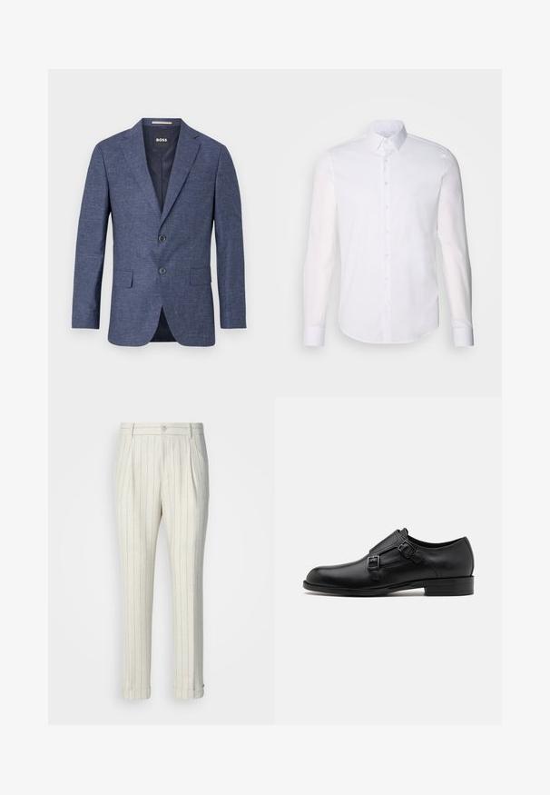 Tumesinine bleiser tekstureeritud kangast, ühe nööbiga, kahe esise nööbiga, nurgeliste kraede ja küljetaskutega. Vooderdatud sisemus.; Valge pikkade varrukatega nööpidega särk, mis on valmistatud puuvillast, klassikalise krae, eest nööpide ja minimaalsete õmblusdetailidega.; Pliiatsiga püksid, mis on valmistatud kergest kangast, kreemja põhja ja õhukeste siniste vertikaalsete triipuridadega. Pükste alumine serv on kinnitatud ja esiosa on ühe nööbiga.; Musta nahast kleitking, kus on kaks pandlat, voolava silueti ja ümarate varvastega. Omab madalat kontsa ja siledat tekstuuri.