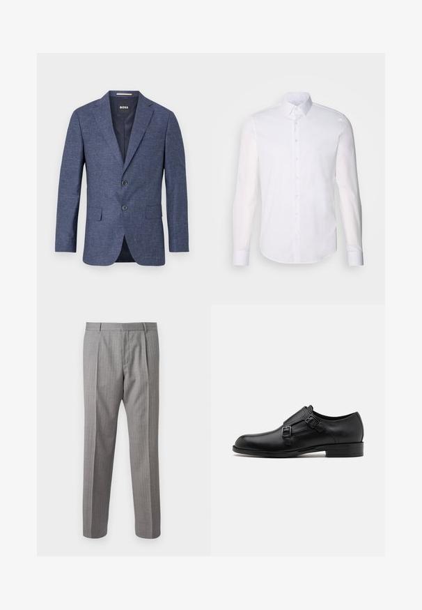 Tamsiai mėlynas švarkas iš tekstūruoto audinio, viengubas, su dviem priekiniais mygtukais, su notch tipo apykakle ir šoninėmis kišenėmis. Pamušalas viduje.; Baltas ilgas rankoves mygtukinis marškinys, pagamintas iš medvilnės, su klasikinio tipo apykakle, priekyje esančiais mygtukais ir minimaliais siuvinėjimo detalėmis.; Pilkos, raštuotos kelnės su pritaikyta siluetu, turinčios priekinę klostę, diržų kilpas ir lygią tekstūrą. Tiesios kojos dizainas, švarūs kraštai.; Juodas odinis vakariniu batų modelis su dviem sagtimis, elegantiška siluetas ir apvaliu nosiu. Yra žemas kulnas ir glotni tekstūra.