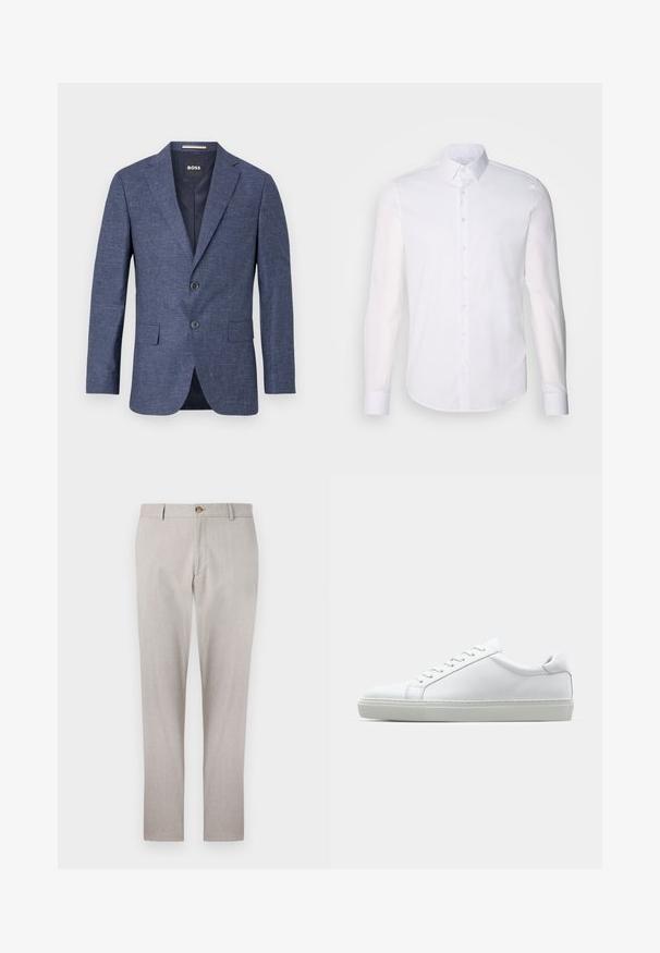 Tummansininen bleiseri tekstuurilla, yksirivinen, jossa on kaksi etupainiketta, viistetyt kaulukset ja sivutaskut. Vuorattu sisus.; Valkoinen pitkähihaista napitettava paita, joka on valmistettu puuvillasta. Paitassa on klassinen kaulus, etunapit ja vähäinen ompelu yksityiskohtana.; Vaaleanharmaat pellavahousut, joissa on räätälöity muotoilu, nappisulku, sivutaskut ja suora lahkeen leikkaus. Pehmeä rakenne ja vähäiset ommel yksityiskohdat.; Valkoinen tennari, jossa on sileä nahkapäällinen ja matala profiili. Ominaisuuksiin kuuluu pyöreä kärki, kuusi rei'itystä ja teksturoitu kumipohja.