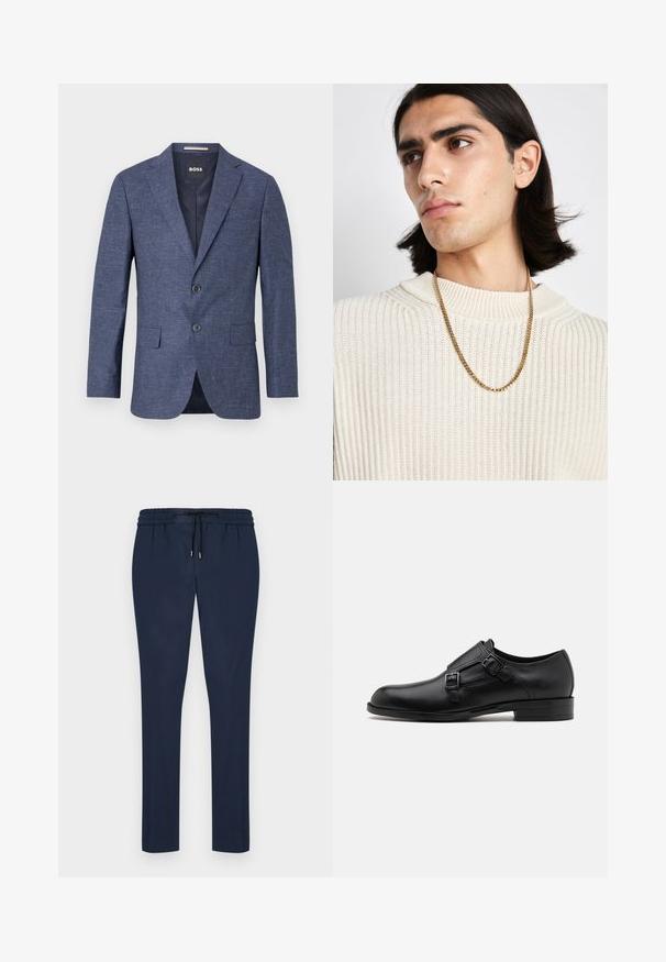 Mörkblå blazer i texturerat tyg, enkelskuren med två framknappar, slagkrage och sidofickor. Fodrad insida.; Vit långärmad skjorta med knappar tillverkad av bomull, har en klassisk krage, framskjuta knappar och minimal sömnadsdetalj.; Mörkblå joggerbyxor med dragsko i midjan, smalnande ben och mjukt, slätt tyg. Inga fickor eller kännetecknande mönster.; Svart läderskor med dubbla spännen, elegant silhuett och rund tå. Har en låg klack och en mjuk yta.; Guldhalsband bärs över en krämfärgad ribbad stickad tröja; mjuk textur med hög krage och ett subtilt mönster i tyget.