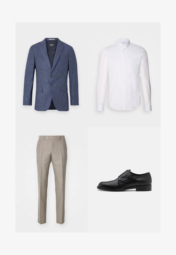 Sötétkék blézer texturált anyagból, egysoros, két elülső gombbal, hajtókás gallérral és oldalsó zsebekkel. Bélelt belső rész.; Fehér, hosszú ujjú, gombos ing, pamutból készült, klasszikus gallérral, elöl gombokkal és minimalista varrási részletekkel.; Beige, struktúrált, gombos záródású, textúrált felületű nadrág, duasz zsebekkel. Egyenes szárú, szabott fazon.; Fekete bőrcipő, dupla csattal, letisztult sziluettel és kerek orral. Alacsony sarka és sima felülete van.