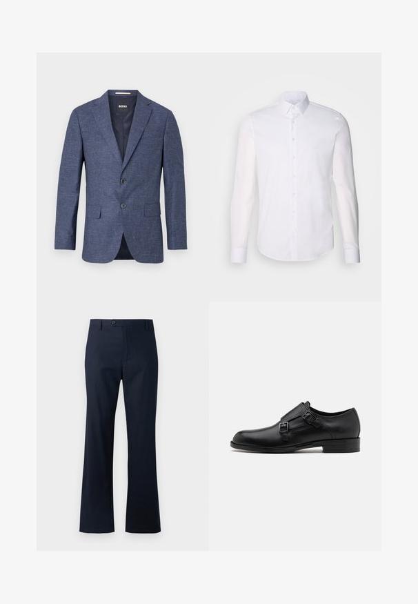 Navy blue blazer in textured fabric, single-breasted with two front buttons, notch lapels, and side pockets. Lined interior.; White long-sleeve button-up shirt made from cotton, featuring a classic collar, front buttons, and minimal stitching detail.; Navy blue trousers made of cotton blend fabric, featuring a straight leg design, single button closure, and elongated hem.; Black leather dress shoe with dual buckles, sleek silhouette, and round toe. Features a low heel and smooth texture.