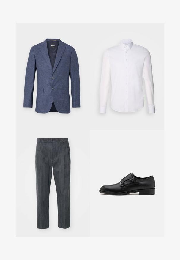 Ναυτικό μπλε σακάκι σε υφασμάτινη υφή, μονόκουμπο με δύο μπροστινά κουμπιά, κανονικούς γιακάδες και πλαϊνές τσέπες. Επενδεδυμένο εσωτερικό.; Λευκό πουκάμισο με μακριά μανίκια και κουμπάκια, φτιαγμένο από βαμβάκι, με κλασικό γιακά, μπροστινά κουμπιά και ελάχιστες λεπτομέρειες ραφής.; Γκρι παντελόνι καρό με ίσια γραμμή, με κλείσιμο με κουμπί και απαλό υφαντό υλικό. Σχεδιασμένο για εφαρμογή με πτυχές.; Μαύρο δερμάτινο παπούτσι με διπλές αγκύλες, κομψό σχήμα και στρογγυλή μύτη. Διαθέτει χαμηλό τακούνι και λεία υφή.