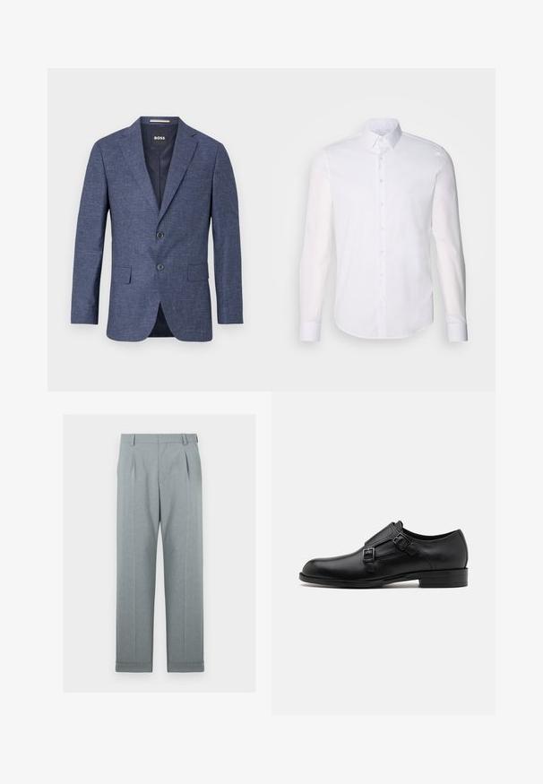 Tamno plavi sako od teksturiranog materijala, s jednim redom dugmadi i dva prednja dugmeta, s odrezanim reverima i bočnim džepovima. Podstavljeni unutrašnjost.; Bijela košulja dugih rukava s gumbima napravljena od pamuka, s klasičnom kragnom, prednjim gumbima i minimalnim detaljima šivanja.; Svijetlosivi hlače od teksturirane tkanine s ravnim krojem, s jednim nabora i manžetama. Minimalistički i krojen izgled.; Crne kožne cipele s dvostrukim kopčama, elegantne siluete i okruglim prstima. Imaju nisku petu i glatku teksturu.