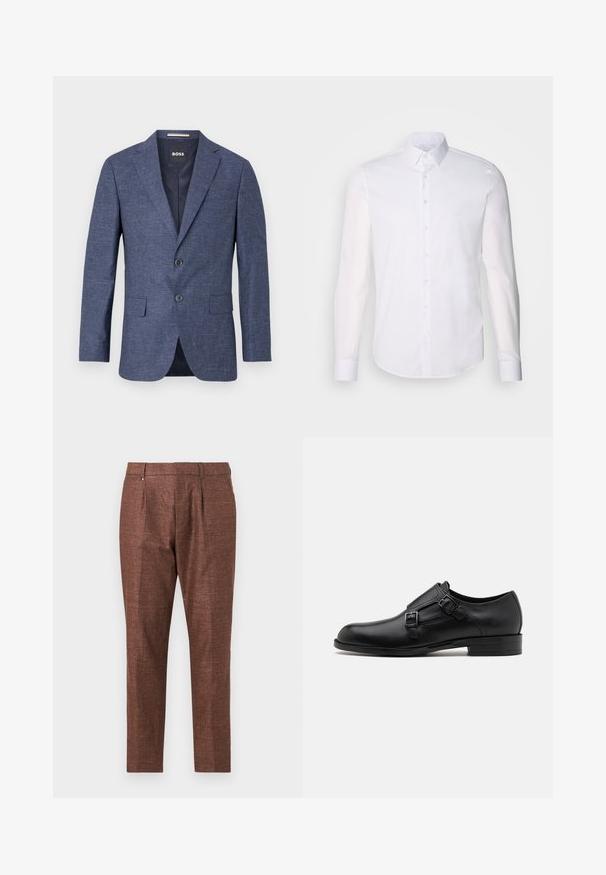 Temno modra blazer jakna iz teksturirane tkanine, enoredno zapenjanje z dvema sprednjima gumboma, z rezanimi ovratniki in stranskimi žepi. Podloženo notranjost.; Bela srajca z dolgimi rokavi in gumbom, izdelana iz bombaža, z klasičnim ovratnikom, sprednjimi gumbi in minimalnimi šivi.; Rjave teksturirane hlače s krojem po meri, z ravnim sprednjim delom, dvema sprednjima žepoma in subtilnim leskom.; Črne usnjene oblečne čevlje z dvema sponkama, elegantna silhueta in okrogla nos. Imajo nizek peto in gladko teksturo.