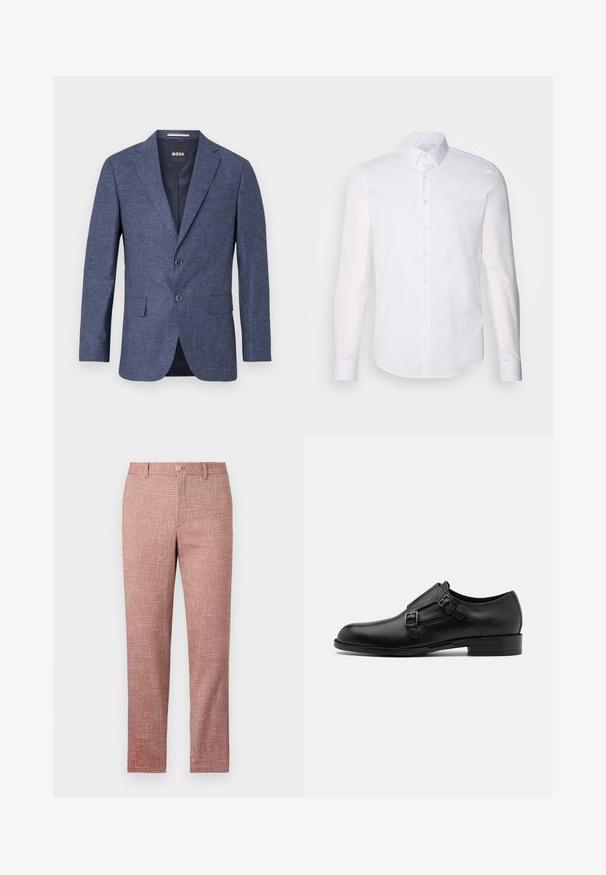 Navy blue blazer in textured fabric, single-breasted with two front buttons, notch lapels, and side pockets. Lined interior.; White long-sleeve button-up shirt made from cotton, featuring a classic collar, front buttons, and minimal stitching detail.; Red textured trousers featuring straight leg design, front pockets, and button closure. Fabric has a woven pattern for added detail.; Black leather dress shoe with dual buckles, sleek silhouette, and round toe. Features a low heel and smooth texture.