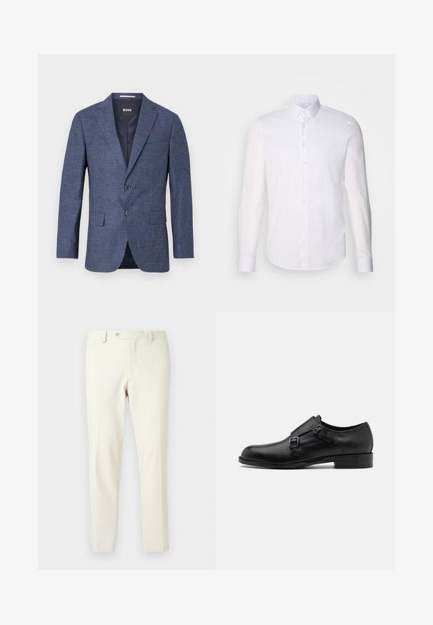Navy blue blazer in textured fabric, single-breasted with two front buttons, notch lapels, and side pockets. Lined interior.; White long-sleeve button-up shirt made from cotton, featuring a classic collar, front buttons, and minimal stitching detail.; Light beige trousers made of smooth fabric. Features a front zipper, button closure, and angled side pockets with a slim fit design.; Black leather dress shoe with dual buckles, sleek silhouette, and round toe. Features a low heel and smooth texture.