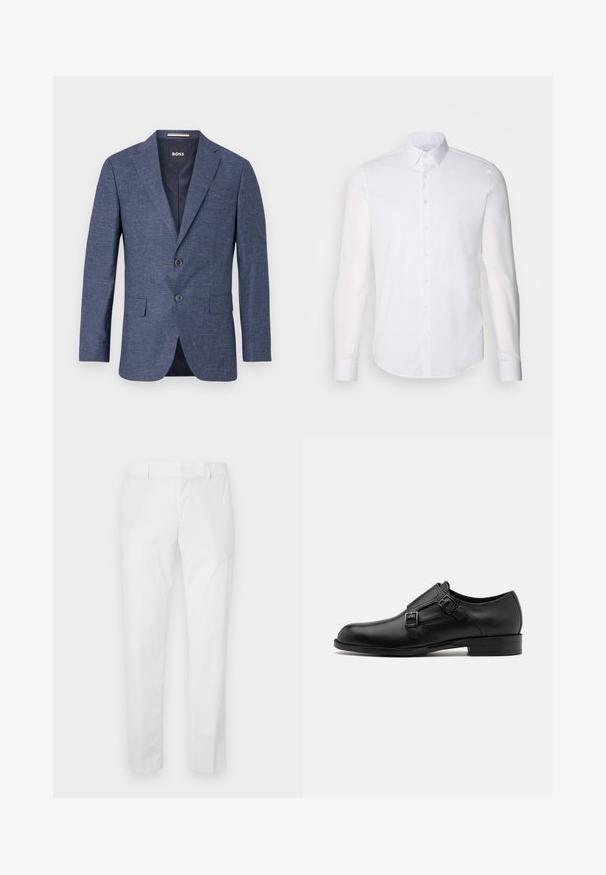 Temno modra blazer jakna iz teksturirane tkanine, enoredno zapenjanje z dvema sprednjima gumboma, z rezanimi ovratniki in stranskimi žepi. Podloženo notranjost.; Bela srajca z dolgimi rokavi in gumbom, izdelana iz bombaža, z klasičnim ovratnikom, sprednjimi gumbi in minimalnimi šivi.; Bile bombažnih hlač z ozkim krojem, ki imajo ravno sprednjo stran, zanke za pas in stranske žepke. Gladka tekstura in klasična zasnova.; Črne usnjene oblečne čevlje z dvema sponkama, elegantna silhueta in okrogla nos. Imajo nizek peto in gladko teksturo.