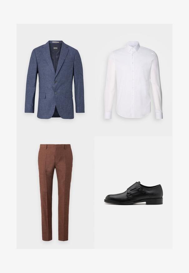 Mörkblå blazer i texturerat tyg, enkelskuren med två framknappar, slagkrage och sidofickor. Fodrad insida.; Vit långärmad skjorta med knappar tillverkad av bomull, har en klassisk krage, framskjuta knappar och minimal sömnadsdetalj.; Bruna linbyxor med en texturerad yta, har en smal passform, sydda framveck och två sidofickor.; Svart läderskor med dubbla spännen, elegant silhuett och rund tå. Har en låg klack och en mjuk yta.