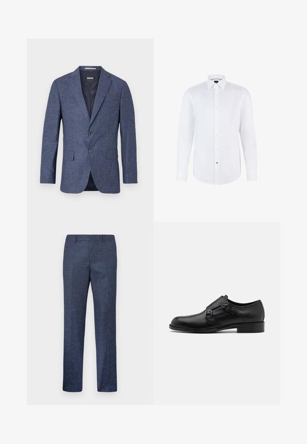 Tamsiai mėlynas švarkas iš tekstūruoto audinio, viengubas, su dviem priekiniais mygtukais, su notch tipo apykakle ir šoninėmis kišenėmis. Pamušalas viduje.; Baltas ilgomis rankovėmis marškinių, pagamintų iš lygaus audinio, su sagų priekine dalimi, smailiu apykakle ir išlinkusia apačia. Išskirtinė ženklinimo sagų detalė.; Tamsiai mėlynos kelnės, pagamintos iš tekstūruoto audinio, su tiesiomis kojomis, lygia priekiu ir dviem šoninėmis kišenėmis. Nėra matomų raštų ar akcentų.; Juodas odinis vakariniu batų modelis su dviem sagtimis, elegantiška siluetas ir apvaliu nosiu. Yra žemas kulnas ir glotni tekstūra.