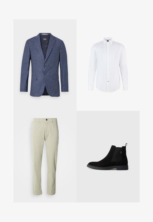 Navyblauer Blazer aus strukturiertem Stoff, einreihig mit zwei vorderen Knöpfen, mit Reverskragen und Seitentaschen. Gefüttert.; Weißes Hemd mit langen Ärmeln aus glattem Stoff, mit Knopfleiste, spitzem Kragen und abgerundetem Saum. Auffälliger Markenschalterakzent.; Beige Baumwollchinos mit geradem Schnitt, Reißverschluss und einem einzelnen Knopfverschluss. Mit Gürtelschlaufen und einer glatten Textur.; Schwarze Wildleder Chelsea-Boots mit elastischen seitlichen Einsätzen, runder Spitze und einer niedrigen Gummisohle. Mit einem Zugtab an der Rückseite für einfaches Anziehen.