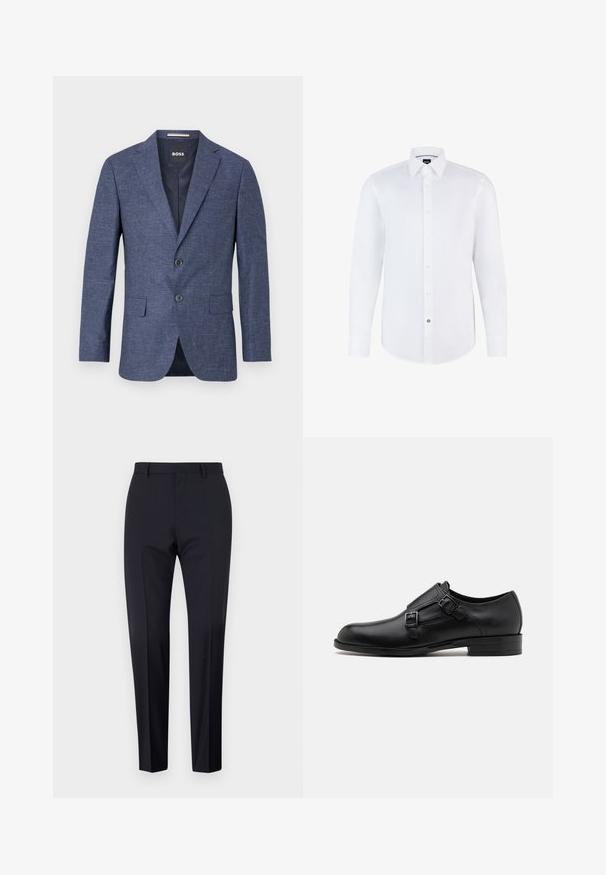 Sötétkék blézer texturált anyagból, egysoros, két elülső gombbal, hajtókás gallérral és oldalsó zsebekkel. Bélelt belső rész.; Fehér, hosszú ujjú ing sima anyagból, gombos elülső résszel, hegyes gallérral és ívelt alsó résszel. Kiemelkedő márkázott gomb díszítés.; Tengerészeti szabású nadrág, egyenes frontrésszel, slim fit fazonnal, övhurkokkal és oldalsó zsebekkel. Simaság jellemzi, ropogós befejezéssel, látható minták vagy díszítések nélkül.; Fekete bőrcipő, dupla csattal, letisztult sziluettel és kerek orral. Alacsony sarka és sima felülete van.