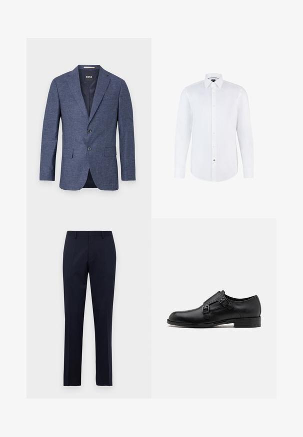 Navy blue blazer in textured fabric, single-breasted with two front buttons, notch lapels, and side pockets. Lined interior.; White long-sleeve dress shirt made of smooth fabric with a button-up front, pointed collar, and curved hem. Notable branded button accent.; Navy blue slim-fit formal trousers with belt loops and pressed front creases, displayed against a plain white background.; Black leather dress shoe with dual buckles, sleek silhouette, and round toe. Features a low heel and smooth texture.