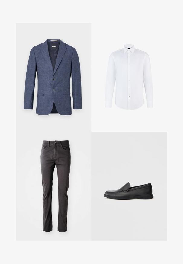 Tamno plavi sako od teksturiranog materijala, s jednim redom dugmadi i dva prednja dugmeta, s odrezanim reverima i bočnim džepovima. Podstavljeni unutrašnjost.; Bijela košulja dugih rukava od glatkog materijala s prednjim kopčanjem na dugmad, oštrim kragnom i zaobljenim rubom. Istaknuti brendirani detalj na dugmetu.; Tamno sive, ravne hlače napravljene od pamučne mješavine. Imaju kopčanje na dugme i patentni zatvarač, te pet džepova sa suptilnim šavovima.; Crni kože slip-on loafers s teksturiranim gornjim dijelom, zaobljenim prstom, niskim potplatom i gumenom sola, prikazani u bočnom profilu na bijeloj pozadini.