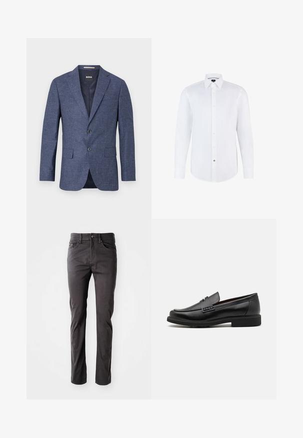 Tamno plavi sako od teksturiranog materijala, s jednim redom dugmadi i dva prednja dugmeta, s odrezanim reverima i bočnim džepovima. Podstavljeni unutrašnjost.; Bijela košulja dugih rukava od glatkog materijala s prednjim kopčanjem na dugmad, oštrim kragnom i zaobljenim rubom. Istaknuti brendirani detalj na dugmetu.; Tamno sive, ravne hlače napravljene od pamučne mješavine. Imaju kopčanje na dugme i patentni zatvarač, te pet džepova sa suptilnim šavovima.; Crne sintetičke loafers cipele s izraženim šavom sprijeda, podstavljenom uloškom i ravnim gumeni potplatom; elegantan dizajn s minimalnim detaljima.