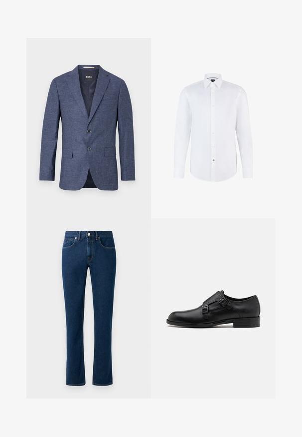 Tumesinine bleiser tekstureeritud kangast, ühe nööbiga, kahe esise nööbiga, nurgeliste kraede ja küljetaskutega. Vooderdatud sisemus.; Valge pika varrukaga särkkleid, mis on valmistatud siledast kangast, nööbitava esiga, terava kraega ja kaardus hemiga. Tähelepanuväärne bränditud nööbi aksent.; Tumedat sinised teksased kitsas sirge lõikega, klassikalise viie-tasku stiliseerimisega ja nööbiga vööl.; Musta nahast kleitking, kus on kaks pandlat, voolava silueti ja ümarate varvastega. Omab madalat kontsa ja siledat tekstuuri.