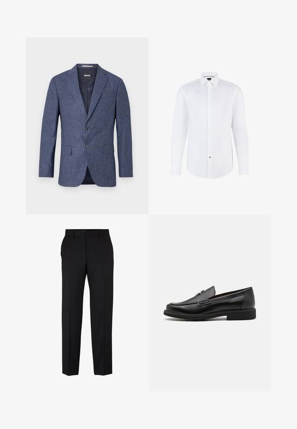 Sötétkék blézer texturált anyagból, egysoros, két elülső gombbal, hajtókás gallérral és oldalsó zsebekkel. Bélelt belső rész.; Fehér, hosszú ujjú ing sima anyagból, gombos elülső résszel, hegyes gallérral és ívelt alsó résszel. Kiemelkedő márkázott gomb díszítés.; Fekete dressz nadrág, amely testhez álló szabással, egyenes lábakkal, övhurkokkal rendelkezik, és nincs rajta látható minta vagy díszítés. Klasszikus dizájn.; Fekete szintetikus lóferek, feltűnő varrott elejükkel, párnázott talpbetéttel és lapos gumitalppal; letisztult dizájn minimális részletekkel.