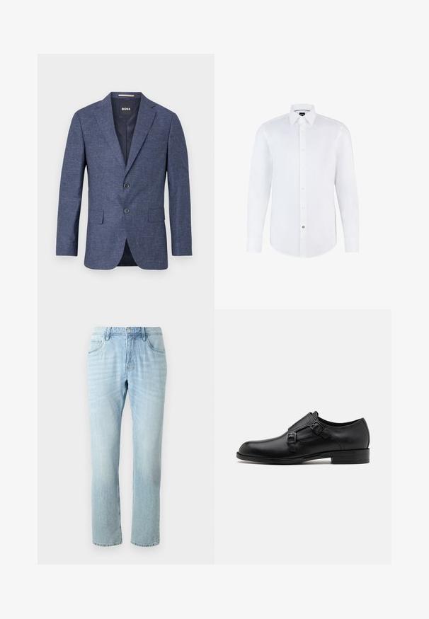 Jūras zilā blazeris teksturētā audumā, vienas rindas ar diviem priekšējiem pogām, ar izdajtajām atlokrām un sānu kabatām. Odere iekšpusē.; Balta garo piedurkņu krekls, kas izgatavots no gludas auduma, ar pogājamām frontālajām daļām, punktēto apkakli un izliekto hemu. Ievērojams zīmola poga akcents.; Gaiši zili džinsi ar taisnu kāju dizainu, pieci kabatas, neliela izsublimēšana un metāla poga jostasvietā.; Melnas ādas kleitas kurpes ar diviem sprādzēm, elegants siluets un apaļš purngals. Iezīmējas ar zemu papēdi un gludu tekstūru.