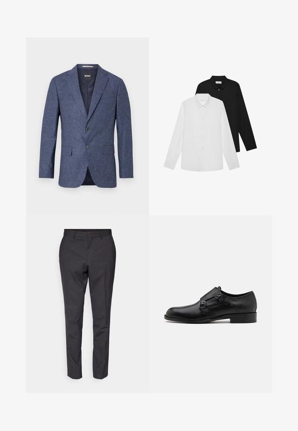 Temno modra blazer jakna iz teksturirane tkanine, enoredno zapenjanje z dvema sprednjima gumboma, z rezanimi ovratniki in stranskimi žepi. Podloženo notranjost.; Bela in črna dolga majica z dolgimi rokavi, s koničastimi ovratniki, sprednjimi gumbi in gladko teksturo tkanine. Oznake vidne na notranji strani vratu.; Sive prilagojene hlače z gladko teksturo, ožji kroj in zaobljene noge, s flat sprednjim delom in zankami za pas za dodatne detajle.; Črne usnjene oblečne čevlje z dvema sponkama, elegantna silhueta in okrogla nos. Imajo nizek peto in gladko teksturo.