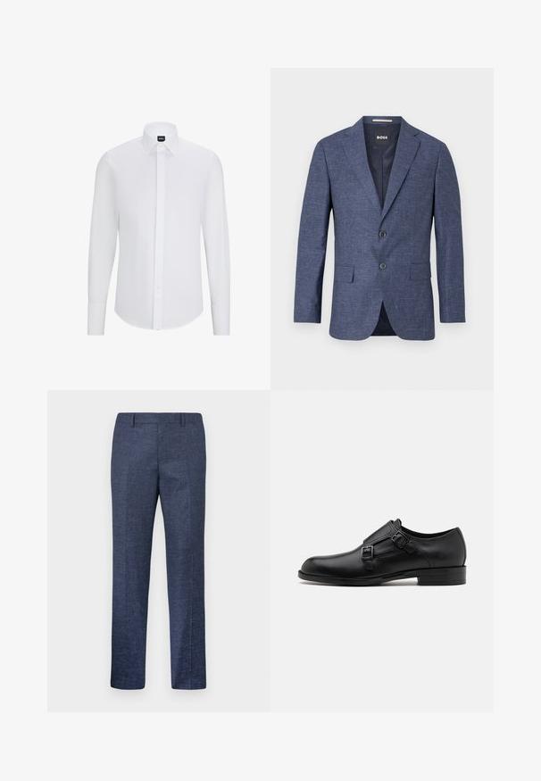 Tumesinine bleiser tekstureeritud kangast, ühe nööbiga, kahe esise nööbiga, nurgeliste kraede ja küljetaskutega. Vooderdatud sisemus.; Valge pika varrukaga nööpidega särk, millel on terav krae, valmistatud siledast kangast, esiplaadiga ja ümarate servadega.; Tumed sinine püksid, mis on valmistatud tekstuuriga kangast, sirgete jalgega, tasase esiosa ja kahe küljetaskuga. Ilma nähtavate mustrite või aksessuaarideta.; Musta nahast kleitking, kus on kaks pandlat, voolava silueti ja ümarate varvastega. Omab madalat kontsa ja siledat tekstuuri.