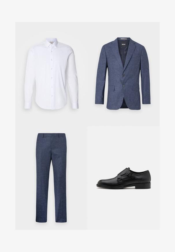 Marineblauwe blazer van textuurstof, enkelvoudig met twee knopen aan de voorkant, notch revers en zijzakken. Gevoerde binnenkant.; Witte lange mouwen shirt gemaakt van glad katoen. Heeft een puntige kraag, een knoopsluiting aan de voorkant en een ronde zoom. Geen patronen of accenten.; Navyblauwe broek van een gestructureerde stof, met rechte pijpen, een vlakke voorkant en twee zijzakken. Geen zichtbare patronen of accenten.; Zwarte leren dresschoen met dubbele gespen, slank silhouet en ronde neus. Kenmerkt zich door een lage hak en een gladde textuur.