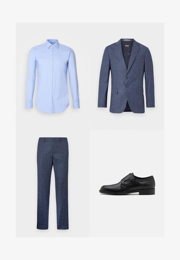 Jūras zilā blazeris teksturētā audumā, vienas rindas ar diviem priekšējiem pogām, ar izdajtajām atlokrām un sānu kabatām. Odere iekšpusē.; Gai zils garām piedurknēm krekls, kas izgatavots no kokvilnas, ar pogājamām priekšējām daļām, apkakli un noapaļotu apakšmalu. Gluda tekstūra bez rakstiem.; Jūras zila bikses, izgatavotas no struktūrvielas, ar taisnām kājām, plakanu priekšpusi un divām sānu kabatām. Nav redzamu rakstu vai akcentu.; Melnas ādas kleitas kurpes ar diviem sprādzēm, elegants siluets un apaļš purngals. Iezīmējas ar zemu papēdi un gludu tekstūru.