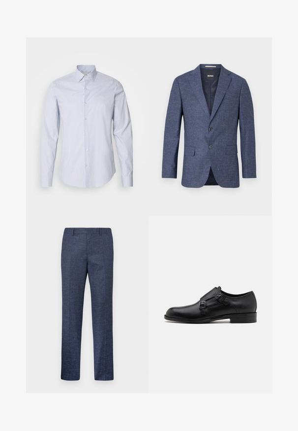 Sötétkék blézer texturált anyagból, egysoros, két elülső gombbal, hajtókás gallérral és oldalsó zsebekkel. Bélelt belső rész.; Fénykék hosszú ujjú gombos ing, finom fehér függőleges csíkkal, klasszikus gallérral és gombsorral, amelyet mandzsetta részletek díszítenek.; Tengerészeti kék nadrág, texturált anyagból készült, egyenes szárakkal, lapos elülső résszel és két oldalzsebbel. Nincsenek látható minták vagy díszítések.; Fekete bőrcipő, dupla csattal, letisztult sziluettel és kerek orral. Alacsony sarka és sima felülete van.