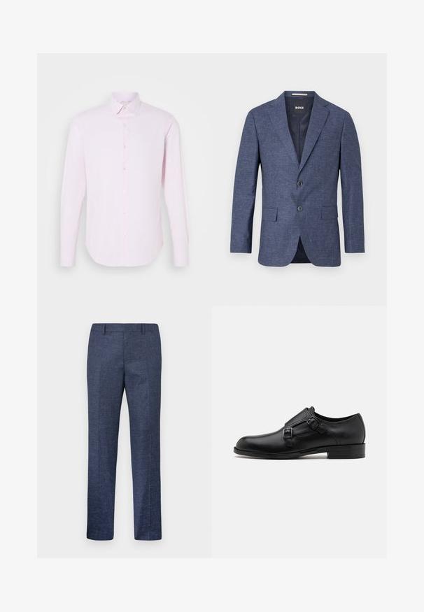 Blazer blu navy in tessuto texturizzato, monopetto con due bottoni frontali, revers a scampo e tasche laterali. Interno foderato.; Camicia a maniche lunghe rosa chiaro con chiusura a bottoni, colletto a punta e una texture liscia. Caratterizzata da sottili righe verticali e una vestibilità affusolata.; Pantaloni blu navy realizzati in un tessuto texturizzato, con gamba dritta, davanti piatto e due tasche laterali. Nessun motivo o dettaglio visibile.; Scarpa da uomo in vera pelle nera con doppie fibbie, silhouette elegante e punta tonda. Presenta un tacco basso e una texture liscia.