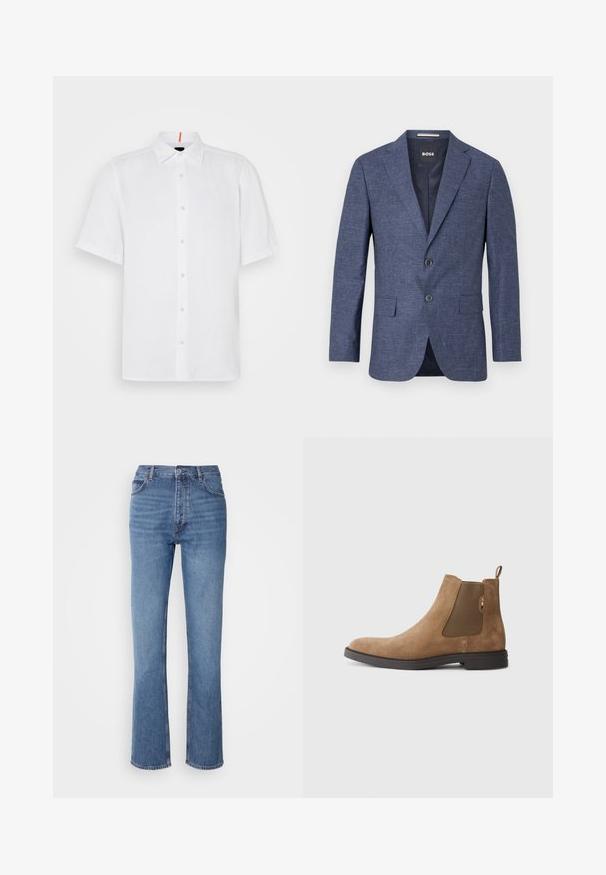 Marineblauwe blazer van textuurstof, enkelvoudig met twee knopen aan de voorkant, notch revers en zijzakken. Gevoerde binnenkant.; Witte korteyorkhemd van linnen met een rechte snit. Kenmerkt zich door een knoopsluiting aan de voorkant, klassieke kraag en subtiele stiksels.; Blauwe denim jeans met een hoge taille, een recht pasvorm en subtiele vervaging. Kenmerkt zich door de klassieke vijf-pocketstijl en een ritssluiting.; Bruine suède Chelsea boot met elastische zijpanelen en een trekkoord. Voorzien van een ronde neus en een platte rubberen zool voor stabiliteit.
