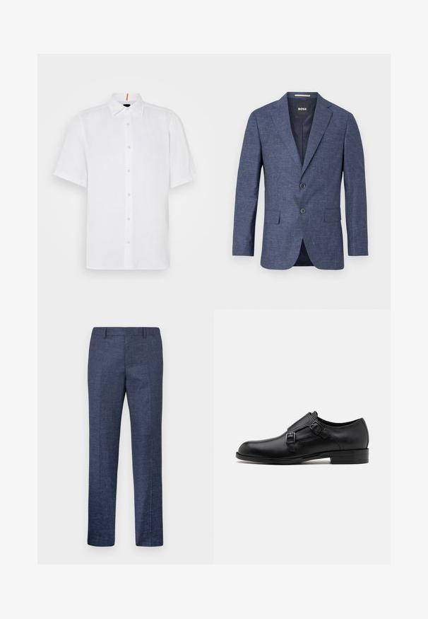 Sötétkék blézer texturált anyagból, egysoros, két elülső gombbal, hajtókás gallérral és oldalsó zsebekkel. Bélelt belső rész.; Fehér, rövid ujjú, vászonből készült ing, egyenes szabással. Gombos elülső rész, klasszikus gallér és diszkrét varrási részletek jellemzik.; Tengerészeti kék nadrág, texturált anyagból készült, egyenes szárakkal, lapos elülső résszel és két oldalzsebbel. Nincsenek látható minták vagy díszítések.; Fekete bőrcipő, dupla csattal, letisztult sziluettel és kerek orral. Alacsony sarka és sima felülete van.