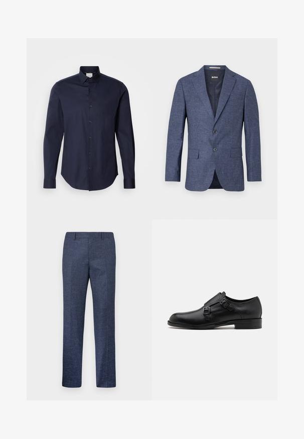 Navy blue blazer in textured fabric, single-breasted with two front buttons, notch lapels, and side pockets. Lined interior.; Navy blue button-up shirt made of cotton. Features long sleeves, a pointed collar, and placket with matching buttons. Smooth texture.; Navy blue trousers made from a textured fabric, featuring straight legs, a flat front, and two side pockets. No visible patterns or accents.; Black leather dress shoe with dual buckles, sleek silhouette, and round toe. Features a low heel and smooth texture.