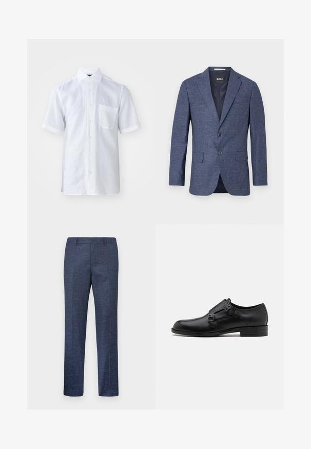 Blazer blu navy in tessuto texturizzato, monopetto con due bottoni frontali, revers a scampo e tasche laterali. Interno foderato.; Camicia bianca a maniche corte in tessuto di lino leggero con colletto button-down, taschino frontale e superficie leggermente texturizzata.; Pantaloni blu navy realizzati in un tessuto texturizzato, con gamba dritta, davanti piatto e due tasche laterali. Nessun motivo o dettaglio visibile.; Scarpa da uomo in vera pelle nera con doppie fibbie, silhouette elegante e punta tonda. Presenta un tacco basso e una texture liscia.