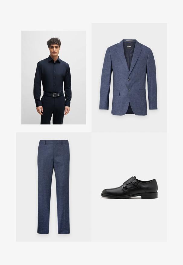 Sacou bleu marin din țesătură texturată, cu un singur rând de nasturi la față, rever în formă de notch și buzunare laterale. Interior căptușit.; Cămașă de dimensiuni navy cu guler butonat, mâneci lungi și croială slim. Material neted cu un aspect subtil lucios și nasturi albaștri asortați.; Pantaloni bleumarin dintr-un material texturat, având picioare drepte, față plată și două buzunare laterale. Fără modele sau accente vizibile.; Pantofii de piele neagră cu două catarame, siluetă elegantă și vârf rotund. Au un toc mic și o textură netedă.