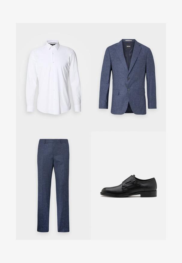 Tamsiai mėlynas švarkas iš tekstūruoto audinio, viengubas, su dviem priekiniais mygtukais, su notch tipo apykakle ir šoninėmis kišenėmis. Pamušalas viduje.; Balta ilga rankovė marškiniai su mygtukais, pagaminti iš glotnaus audinio, su smailiu apykaklės dizainu ir standartinio kirpimo. Turintys priekinį mygtukų užsegimą su šešiais mygtukais.; Tamsiai mėlynos kelnės, pagamintos iš tekstūruoto audinio, su tiesiomis kojomis, lygia priekiu ir dviem šoninėmis kišenėmis. Nėra matomų raštų ar akcentų.; Juodas odinis vakariniu batų modelis su dviem sagtimis, elegantiška siluetas ir apvaliu nosiu. Yra žemas kulnas ir glotni tekstūra.