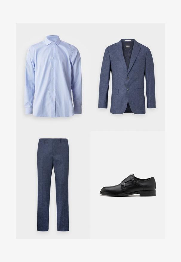 Jūras zilā blazeris teksturētā audumā, vienas rindas ar diviem priekšējiem pogām, ar izdajtajām atlokrām un sānu kabatām. Odere iekšpusē.; Zila un balta svītrainā krekliņa, garas piedurknes, pogājamā priekšpuse, norādītā apkakle, kokvilnas audums, gluda tekstūra, klasiskā piegriezuma dizains.; Jūras zila bikses, izgatavotas no struktūrvielas, ar taisnām kājām, plakanu priekšpusi un divām sānu kabatām. Nav redzamu rakstu vai akcentu.; Melnas ādas kleitas kurpes ar diviem sprādzēm, elegants siluets un apaļš purngals. Iezīmējas ar zemu papēdi un gludu tekstūru.