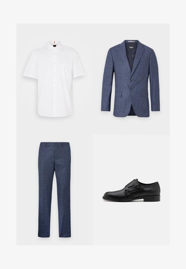 Jūras zilā blazeris teksturētā audumā, vienas rindas ar diviem priekšējiem pogām, ar izdajtajām atlokrām un sānu kabatām. Odere iekšpusē.; Baltā īsajām piedurknēm pogājama krekliņa izgatavota no kokvilnas, ar vienu krūšu kabatu, klasisku apkakli un niecīgām izšūšanas detaļām.; Jūras zila bikses, izgatavotas no struktūrvielas, ar taisnām kājām, plakanu priekšpusi un divām sānu kabatām. Nav redzamu rakstu vai akcentu.; Melnas ādas kleitas kurpes ar diviem sprādzēm, elegants siluets un apaļš purngals. Iezīmējas ar zemu papēdi un gludu tekstūru.