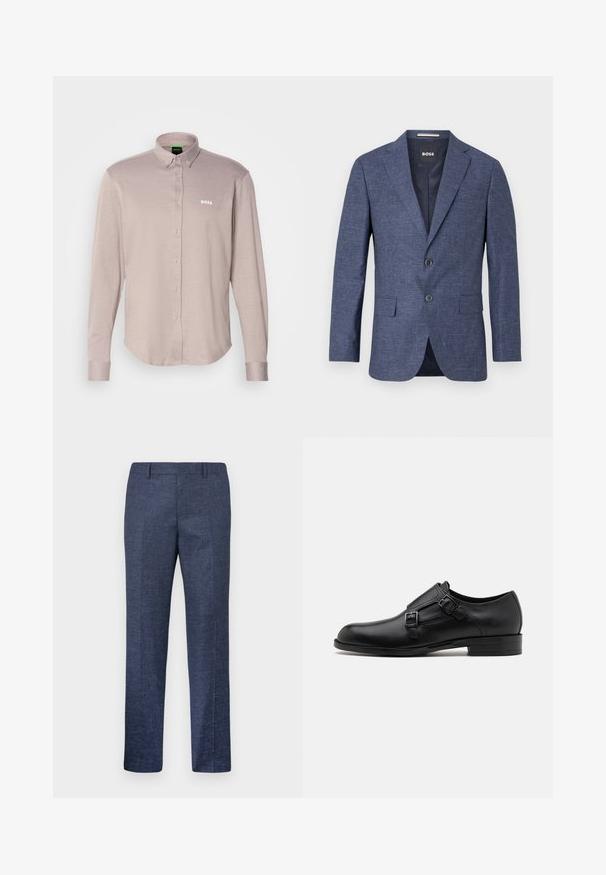 Navy blue blazer in textured fabric, single-breasted with two front buttons, notch lapels, and side pockets. Lined interior.; Light beige shirt made of textured fabric, featuring a button-down collar, long sleeves, and a small "BOSS" logo in white on the chest.; Navy blue trousers made from a textured fabric, featuring straight legs, a flat front, and two side pockets. No visible patterns or accents.; Black leather dress shoe with dual buckles, sleek silhouette, and round toe. Features a low heel and smooth texture.
