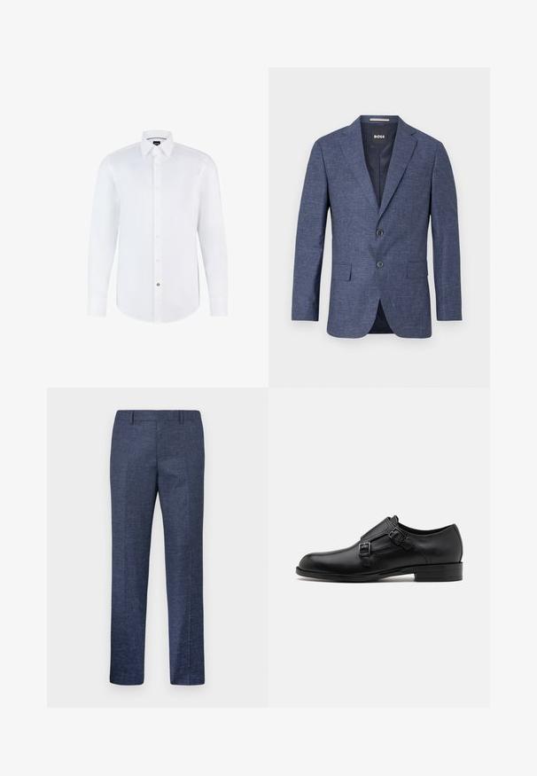 Sötétkék blézer texturált anyagból, egysoros, két elülső gombbal, hajtókás gallérral és oldalsó zsebekkel. Bélelt belső rész.; Fehér, hosszú ujjú ing sima anyagból, gombos elülső résszel, hegyes gallérral és ívelt alsó résszel. Kiemelkedő márkázott gomb díszítés.; Tengerészeti kék nadrág, texturált anyagból készült, egyenes szárakkal, lapos elülső résszel és két oldalzsebbel. Nincsenek látható minták vagy díszítések.; Fekete bőrcipő, dupla csattal, letisztult sziluettel és kerek orral. Alacsony sarka és sima felülete van.