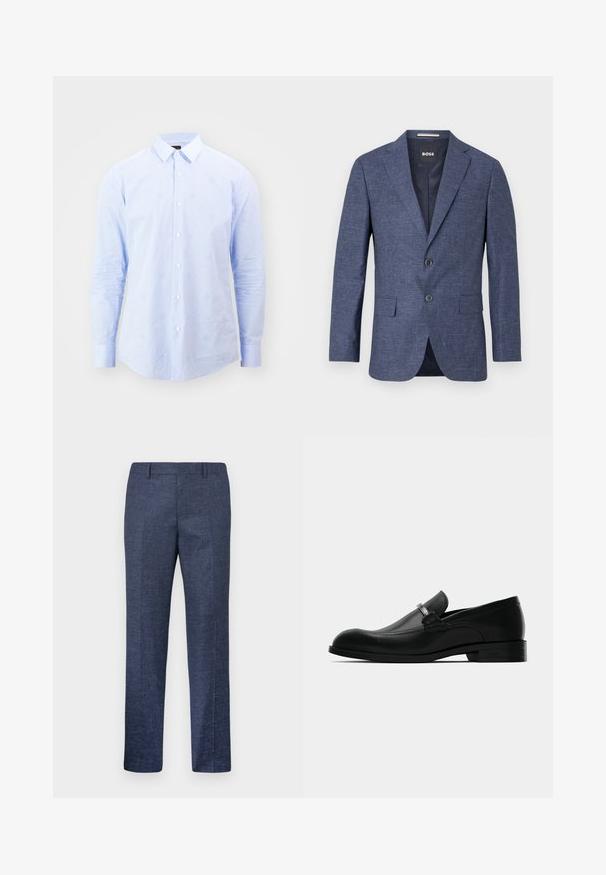 Tamsiai mėlynas švarkas iš tekstūruoto audinio, viengubas, su dviem priekiniais mygtukais, su notch tipo apykakle ir šoninėmis kišenėmis. Pamušalas viduje.; Šviesiai mėlynas mygtukų marškinis su vertikaliais dryžiais ir subtiliomis gėlių akcentais. Turi klasikinį apykaklę ir ilgomis rankovėmis.; Tamsiai mėlynos kelnės, pagamintos iš tekstūruoto audinio, su tiesiomis kojomis, lygia priekiu ir dviem šoninėmis kišenėmis. Nėra matomų raštų ar akcentų.; Juodi odiniai vyriški loafersai su metaliniu užsegimu, žemu kulnu ir žymėtu padu, parodyti iš šono ant balto fono.