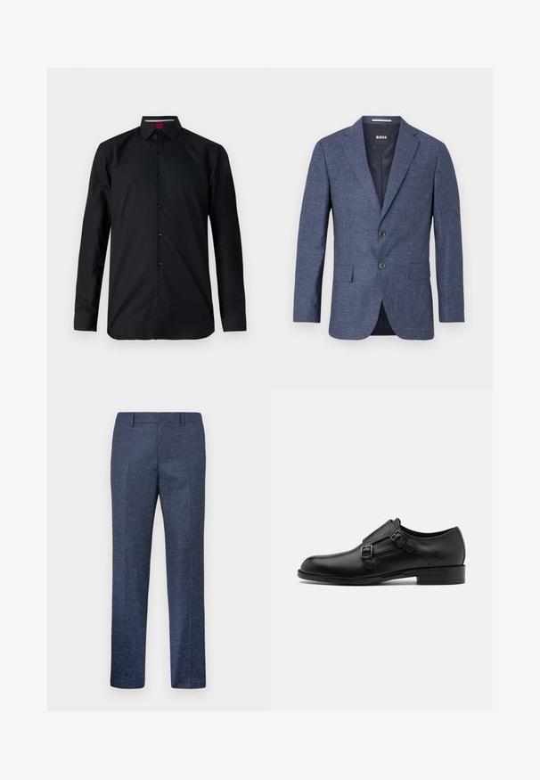 Sötétkék blézer texturált anyagból, egysoros, két elülső gombbal, hajtókás gallérral és oldalsó zsebekkel. Bélelt belső rész.; Fekete, hosszú ujjú ing sima anyagból. Gombos elülső rész, klasszikus gallér, és diszkrét varrás jellemzi. Megerősített mandzsetták.; Tengerészeti kék nadrág, texturált anyagból készült, egyenes szárakkal, lapos elülső résszel és két oldalzsebbel. Nincsenek látható minták vagy díszítések.; Fekete bőrcipő, dupla csattal, letisztult sziluettel és kerek orral. Alacsony sarka és sima felülete van.