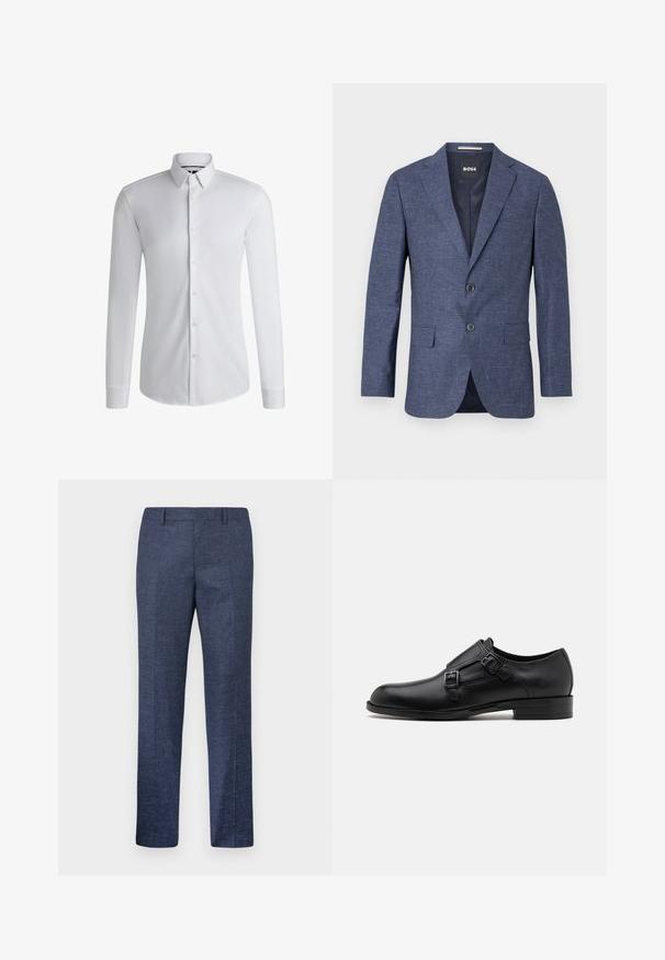 Marineblauwe blazer van textuurstof, enkelvoudig met twee knopen aan de voorkant, notch revers en zijzakken. Gevoerde binnenkant.; Witte dress shirt met lange mouwen, gemaakt van gladde stof, met een button-down kraag en een rij knoppen aan de voorkant. Eenvoudig ontwerp.; Navyblauwe broek van een gestructureerde stof, met rechte pijpen, een vlakke voorkant en twee zijzakken. Geen zichtbare patronen of accenten.; Zwarte leren dresschoen met dubbele gespen, slank silhouet en ronde neus. Kenmerkt zich door een lage hak en een gladde textuur.