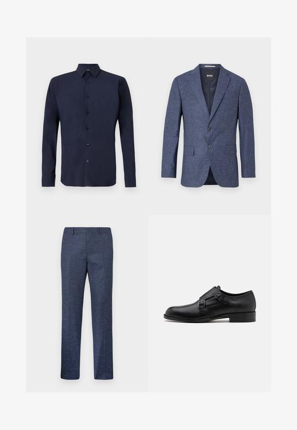 Jūras zilā blazeris teksturētā audumā, vienas rindas ar diviem priekšējiem pogām, ar izdajtajām atlokrām un sānu kabatām. Odere iekšpusē.; Jūras spēku garās piedurknes krekls, izgatavots no gludas auduma, ar pogu aizdari priekšā, strukturētu apkakli un tumšām pogām kontrastam.; Jūras zila bikses, izgatavotas no struktūrvielas, ar taisnām kājām, plakanu priekšpusi un divām sānu kabatām. Nav redzamu rakstu vai akcentu.; Melnas ādas kleitas kurpes ar diviem sprādzēm, elegants siluets un apaļš purngals. Iezīmējas ar zemu papēdi un gludu tekstūru.