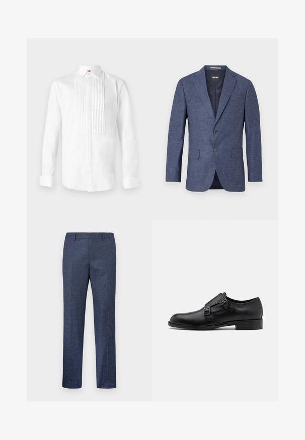 Temno modra blazer jakna iz teksturirane tkanine, enoredno zapenjanje z dvema sprednjima gumboma, z rezanimi ovratniki in stranskimi žepi. Podloženo notranjost.; Bela srajca z dolgimi rokavi iz bombaža s klasičnim ovratnikom, ki ima navpične naborke na sprednjem delu in zapenjanje na manšetah.; Temno modri hlače iz teksturiranega blaga, s pravimi nogami, ravnim sprednjim delom in dvema stranskima žepoma. Brez vidnih vzorcev ali akcentov.; Črne usnjene oblečne čevlje z dvema sponkama, elegantna silhueta in okrogla nos. Imajo nizek peto in gladko teksturo.