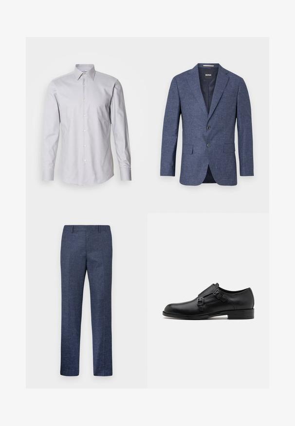 Navy blue blazer in textured fabric, single-breasted with two front buttons, notch lapels, and side pockets. Lined interior.; Light gray long-sleeve shirt with a button-down collar, made of woven fabric, featuring a classic fit and white buttons along the front.; Navy blue trousers made from a textured fabric, featuring straight legs, a flat front, and two side pockets. No visible patterns or accents.; Black leather dress shoe with dual buckles, sleek silhouette, and round toe. Features a low heel and smooth texture.