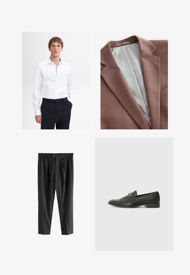 Brun struktureret blazer med en rebrom og en lys grå indvendig foring, der har en enkelt knaphul på den venstre krave.; Hvid langærmet skjorte med button-down krave og frontplacket, båret med mørke skræddersyede bukser. Glat stof, rent design.; Next REGULAR FIT -CHECK SMART - Chino - black; Sorte læder loafers med en glat finish, der har et syet design og et dekorativt metal kædeaccent hen over vamps. Flad hæl.